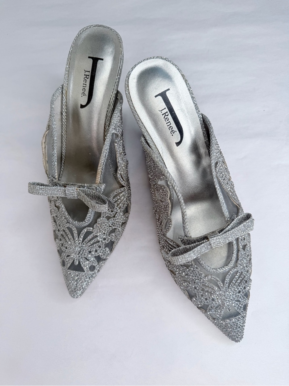 J Renee silver metallic strass embellished mules